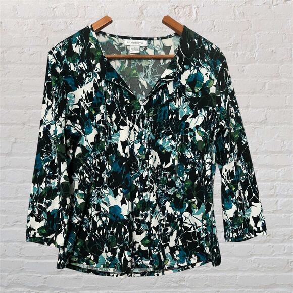 Liz Claiborne Black Green 3/4 Sleeve Blouse Abstract Print Front Tassel Size Med - Picture 1 of 9